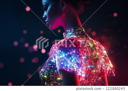 Futuristic Holographic Dress. Digital Fashion with Dynamic Light Effects 122880243
