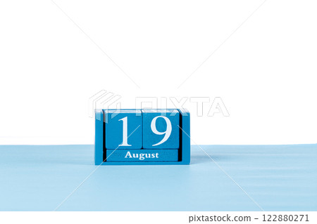 Wooden calendar August 19 on a white background 122880271