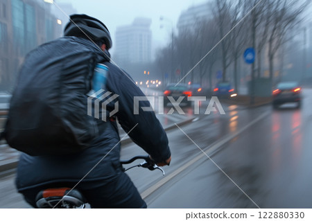 Cyclist on the road in the city. Blurred background 122880330