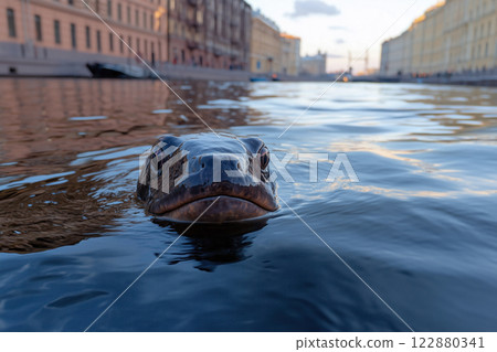 cryptid animal peeks out of water in river looks out of the water in the canal in the center of the old city cryptid animal peeks out of water in river looks out of the water in the canal in the center of the old city 122880341