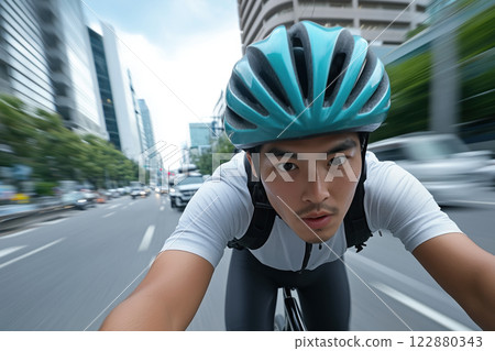 Cyclist riding a bike on the street in the city. Motion blur 122880343
