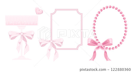 Vector Illustration of pink girly vintage frame and bow set. Pink Champagne Glass. Ribbons isolated. Trendy girls accessories. Cute hairstyle elements collection 122880360
