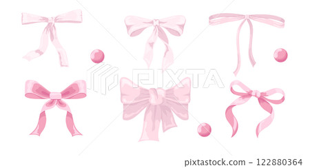 Vector Illustration of 6 pink girly vintage bow set. Bow for hair decor flat. Ribbons isolated. Trendy girls accessories. Cute hairstyle elements collection 122880364