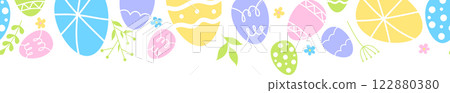 Easter eggs composition hand drawn black on white background. Decorative horizontal stripe from eggs with doodle leaves. 122880380