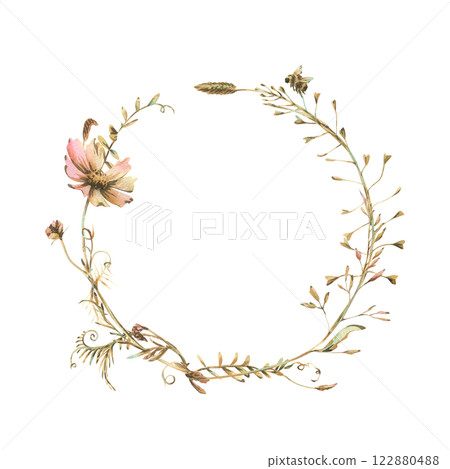 Field, meadow, wild flowers and herbs cosmos and other. Watercolor illustration hand drawn in beige, brown and ocher colors. Circle wreath frame isolated from background 122880488