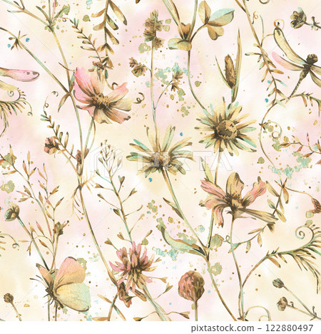 Field, meadow, wild flowers and herbs cosmos, chamomile, clover and insects. Watercolor illustration hand drawn in beige, brown and ocher colors. Seamless pattern on a beige washes background 122880497