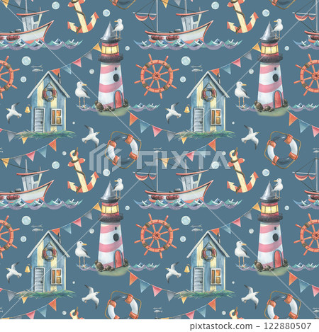 Sea lighthouse with fishing boat and cabin, ship steering wheel, lifebuoy, anchor with flying seagulls and bubbles on water and shore. Hand drawn watercolor illustration. Seamless pattern. 122880507