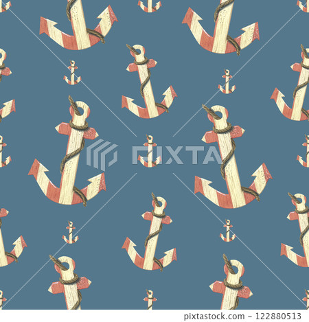 Wooden, striped anchors of coral and yellow color with rope. Watercolor illustration. Seamless pattern on a blue background from the SEA FISHING collection. For fabric, textiles, wallpaper, paper 122880513