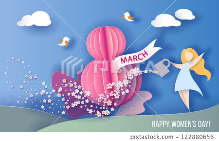8 March Happy women's day. Woman waters flower with can in shape of number eight 122880656