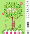 Live Music Festival design vector poster template. Piano keyboard, trumpet, blooming tree hand-drawn cartoon illustration. Spring Vibes Musical Fest performance, outdoor event celebration background 122880698