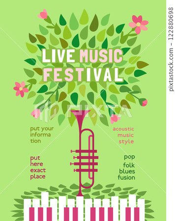 Live Music Festival design vector poster template. Piano keyboard, trumpet, blooming tree hand-drawn cartoon illustration. Spring Vibes Musical Fest performance, outdoor event celebration background 122880698