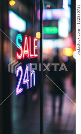A colorful neon Sale 24h sign reflecting on glass, surrounded by blurred city lights at night 122880782