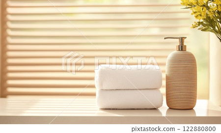 A gold striped dispenser and a white towel are placed on a bright counter with soft sunlight and flowers A gold striped dispenser and a white towel are placed on a bright counter with soft sunlight and flowers 122880800