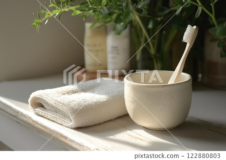 A bamboo toothbrush rests in a speckled beige cup, next to a folded towel and greenery on a sunny counter A bamboo toothbrush rests in a speckled beige cup, next to a folded towel and greenery on a sunny counter 122880803