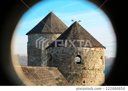 Two towers of Kamianets-Podilskyi castle, old stone fortress in western Ukraine 122880850