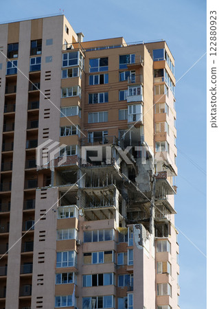 Russian terrorist army damaged by a missile dwelling house in Kyiv city, Ukraine Russian terrorist army damaged by a missile dwelling house in Kyiv city, Ukraine 122880923