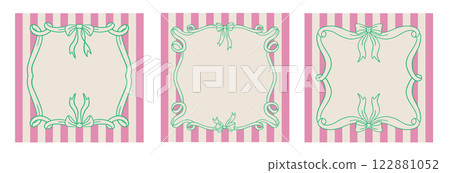 Coquette frames set with wavy lines, bows, ribbons. Collection of outline scallop frame border in striped background. Retro frame wavy border. Wavy frame with bows. Vector illustration Coquette frames set with wavy lines, bows, ribbons. Collection of outline scallop frame border in striped background. Retro frame wavy border. Wavy frame with bows. Vector illustration 122881052