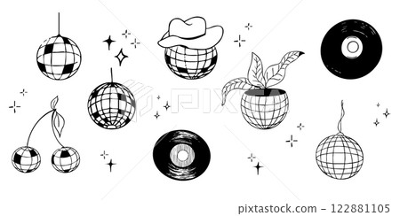 Disco ball doodle line tattoo y2k coquette trendy groovy decoration. Retro dance party line hand drawn design elements. Disco ball with stars, sketch Disco ball doodle line tattoo y2k coquette trendy groovy decoration. Retro dance party line hand drawn design elements. Disco ball with stars, sketch 122881105