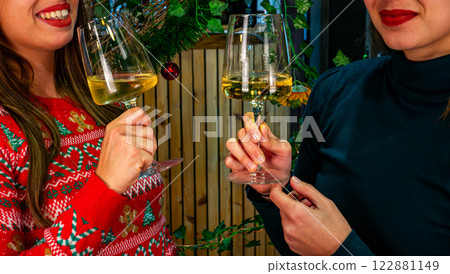 Christmas Cheers: Two Friends Toasting with White Wine in a Festive Setting Christmas Cheers: Two Friends Toasting with White Wine in a Festive Setting 122881149