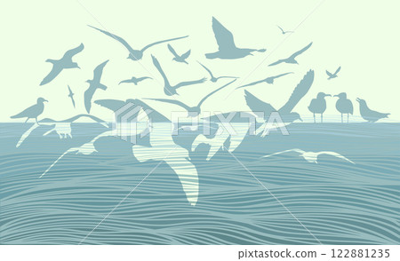Seagulls and sea background. hand drawing. Not AI. Vector illustration Seagulls and sea background. hand drawing. Not AI. Vector illustration 122881235