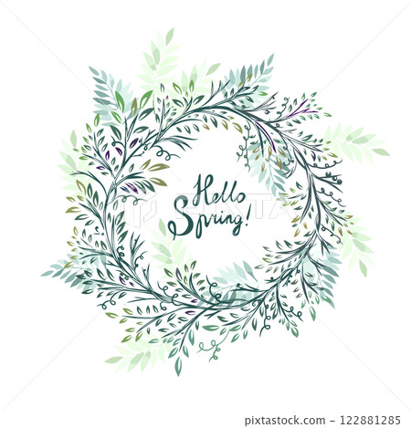 Round frame with green leaves and twigs. Hello spring hand drawn. Not AI, Vector illustration Round frame with green leaves and twigs. Hello spring hand drawn. Not AI, Vector illustration 122881285