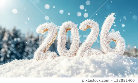 New year 2026 numbers in snow with bokeh lights, holiday and winter theme New year 2026 numbers in snow with bokeh lights, holiday and winter theme 122881406