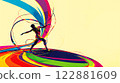 Male rhythmic gymnastics. Gymnast man with gymnastic ribbons with place for text (drawing, paint strokes). Rhythmic gymnastics for men 122881609