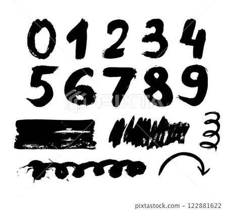Numbers ink brush strokes. Ink grunge design elements. Hand drawn brush stroke numbers 122881622