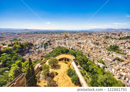 Granada town in Spain from the Alhambra complex. Panoramic view of a city from an elevated vantage point, showcasing a historic district with its unique architecture and surrounding landscape. 122881791