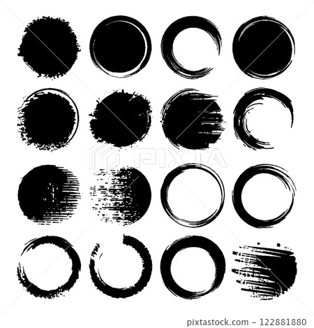 Set of hand-painted ink circles with rough edges. Ideal for digital design, logos, and artistic compositions. 122881880