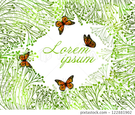 Frame of green branches with butterflies. hand drawn. Not AI, Vector illustration Frame of green branches with butterflies. hand drawn. Not AI, Vector illustration 122881902