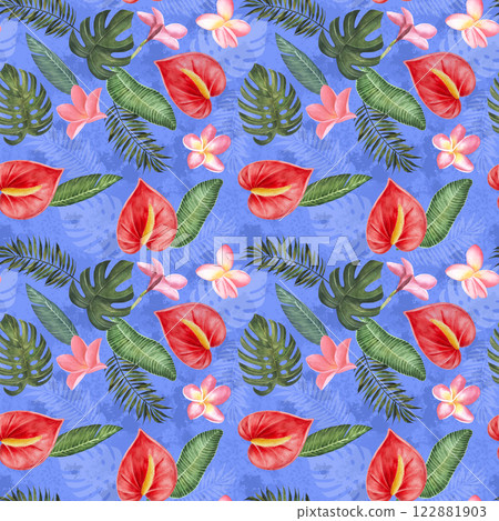 Seamless pattern with anthuriums, plumeria flowers and tropical leaves. Hand drawn watercolor . For decoration, wallpaper, digital paper, fabric, textile. Violet background Seamless pattern with anthuriums, plumeria flowers and tropical leaves. Hand drawn watercolor . For decoration, wallpaper, digital paper, fabric, textile. Violet background 122881903