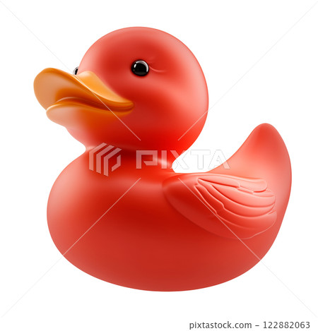 Red rubber duck isolated on a transparent background. Toy duck with a yellow beak, bath toy for children, plastic object for water play, isolated design element. 122882063