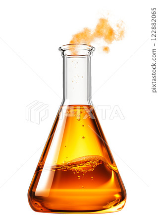 Transparent glass flask filled with orange liquid, emitting orange vapor, isolated on a white background. Suitable for science, chemistry, and laboratory visuals. 122882065