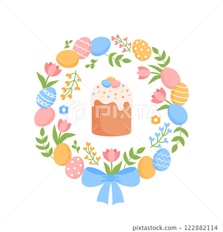 Floral easater wreath with Easter cake Floral easater wreath with Easter cake 122882114