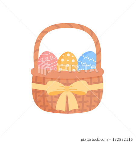 Festive Easter basket with Easter eggs Festive Easter basket with Easter eggs 122882116