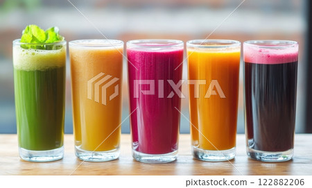 five tall glasses filled with colorful fresh juices 122882206