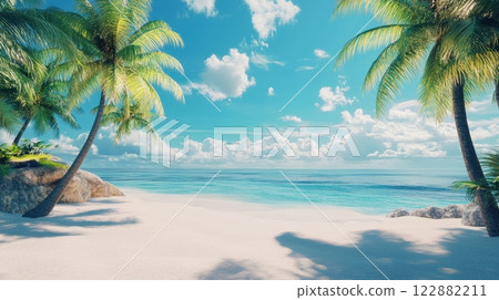 tropical beach scene with soft white sand, crystal-clear turquoise waters, swaying palm trees tropical beach scene with soft white sand, crystal-clear turquoise waters, swaying palm trees 122882211