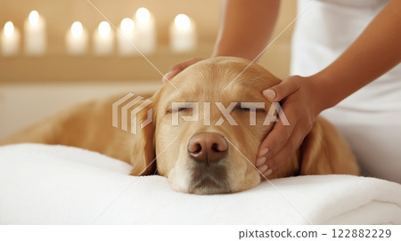 Relaxing moment for a golden retriever enjoying a soothing facial treatment 122882229