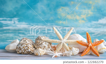 a serene beach composition with seashells, starfish, and coral placed on a wooden surface 122882270