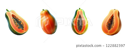 Papaya, side and top view isolated on transparent background, PNG file. Ideal for mockup templates or educational designs. Papaya, side and top view isolated on transparent background, PNG file. Ideal for mockup templates or educational designs. 122882397