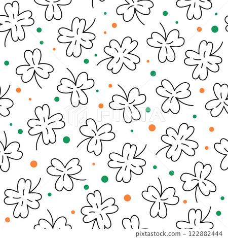 St Patricks Day doodle pattern with shamrocks. Seamless white background and clover leaves. Saint Patricks March 17 holiday backdrop. Vector flat illustration 122882444