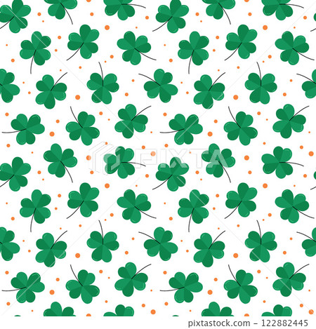 Shamrocks pattern vector seamless background. St Patricks Day pattern with clover leaves. Saint Patrick March 17 holiday repetitive backdrop. Flat illustration 122882445