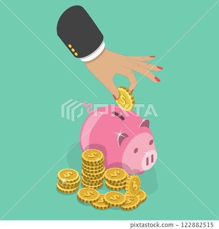 3D Isometric Flat Vector Illustration of Money Savings, Person Depositing A Coin Into A Piggy Bank 3D Isometric Flat Vector Illustration of Money Savings, Person Depositing A Coin Into A Piggy Bank 122882515