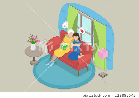 3D Isometric Flat Vector Illustration of Celebrating Mothers Day, Embracing Women In The Family 122882542