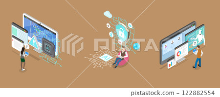 3D Isometric Flat Vector Illustration of AI Security Threats, AI-powered Cybersecurity 122882554