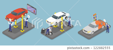 3D Isometric Flat Vector Illustration of Auto Repair, Car Check Up Services 122882555