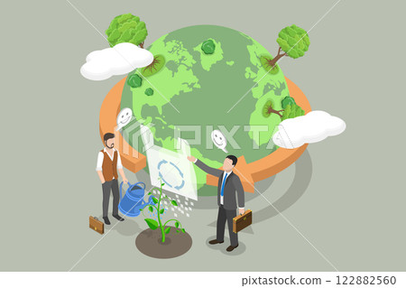 3D Isometric Flat Vector Illustration of Global Plastic Reuse, Biodegradable Materials 122882560