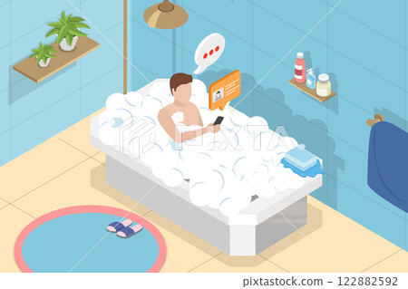 3D Isometric Flat Vector Illustration of Surfing Internet During Spa , Routine and Daily Activities 122882592