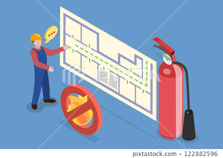 3D Isometric Flat Vector Illustration of Fire Evacuation Plan, Procedures and Emergency Equipment 122882596